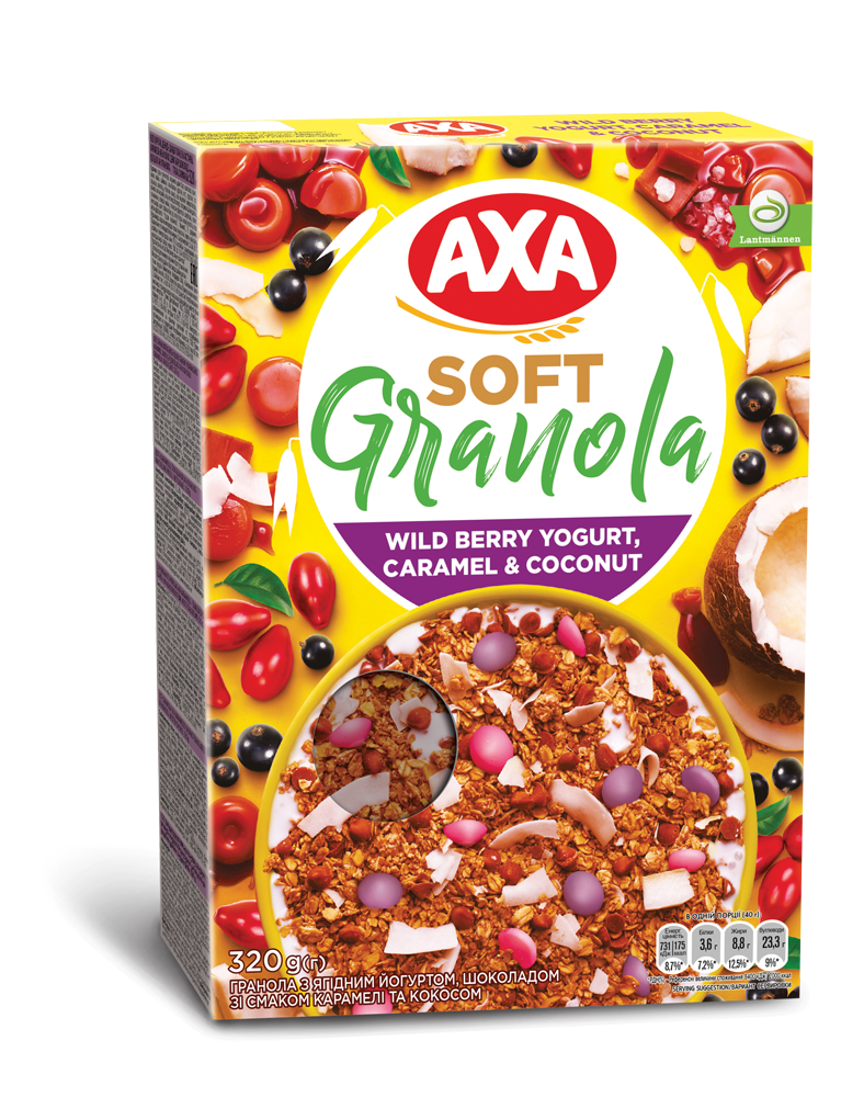 AXA Гранола с ягодным йогуртом, шоколадом со вкусом карамели и кокосом